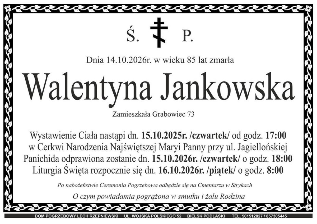 Nekrolog: śp. Walentyna Jankowska, zm. 14 października 2026 r.