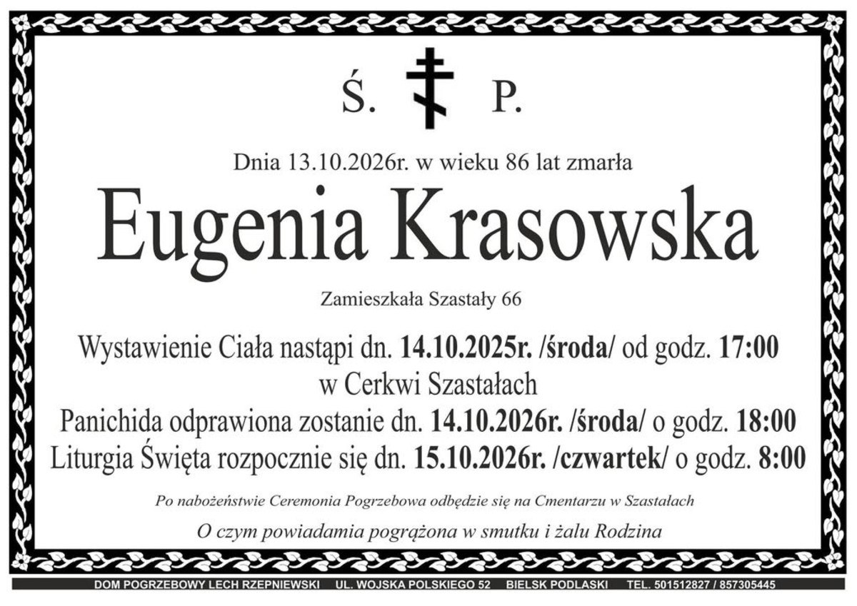 Nekrolog: śp. Eugenia Krasowska, zm. 13 października 2026 r.