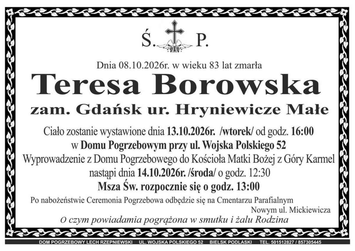 Nekrolog: śp. Teresa Borowska, zm. 8 października 2026 r.