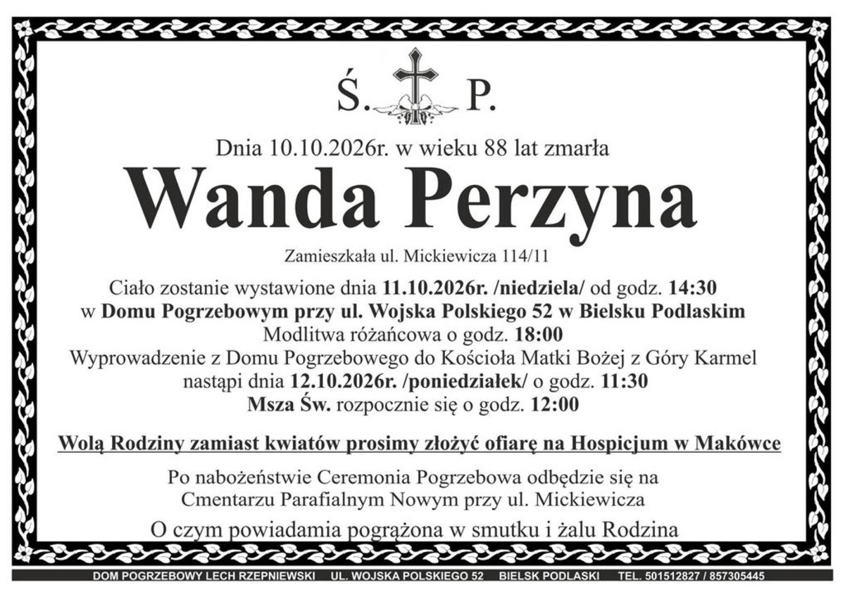 Nekrolog: śp. Wanda Perzyna, zm. 10 października 2026 r.