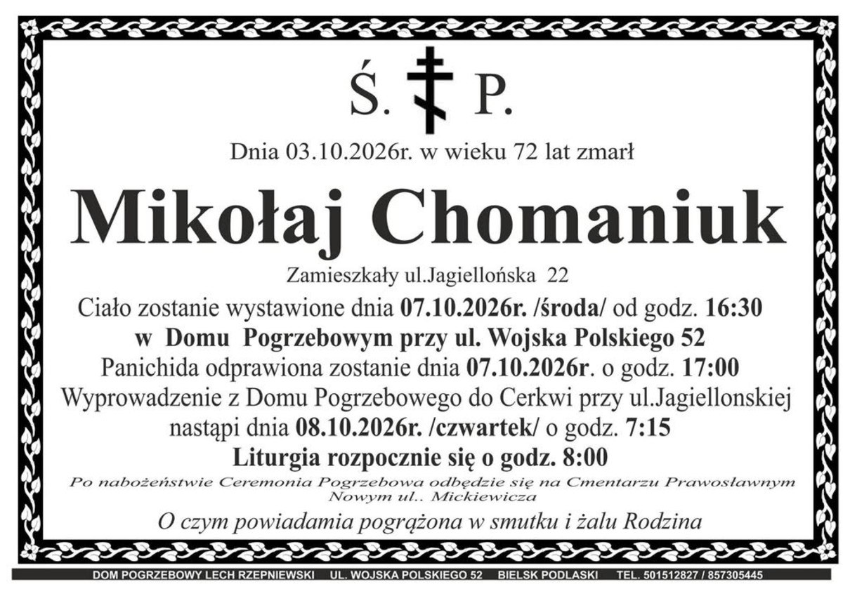Nekrolog: śp. Mikołaj Chomaniuk, zm. 3 października 2026 r.