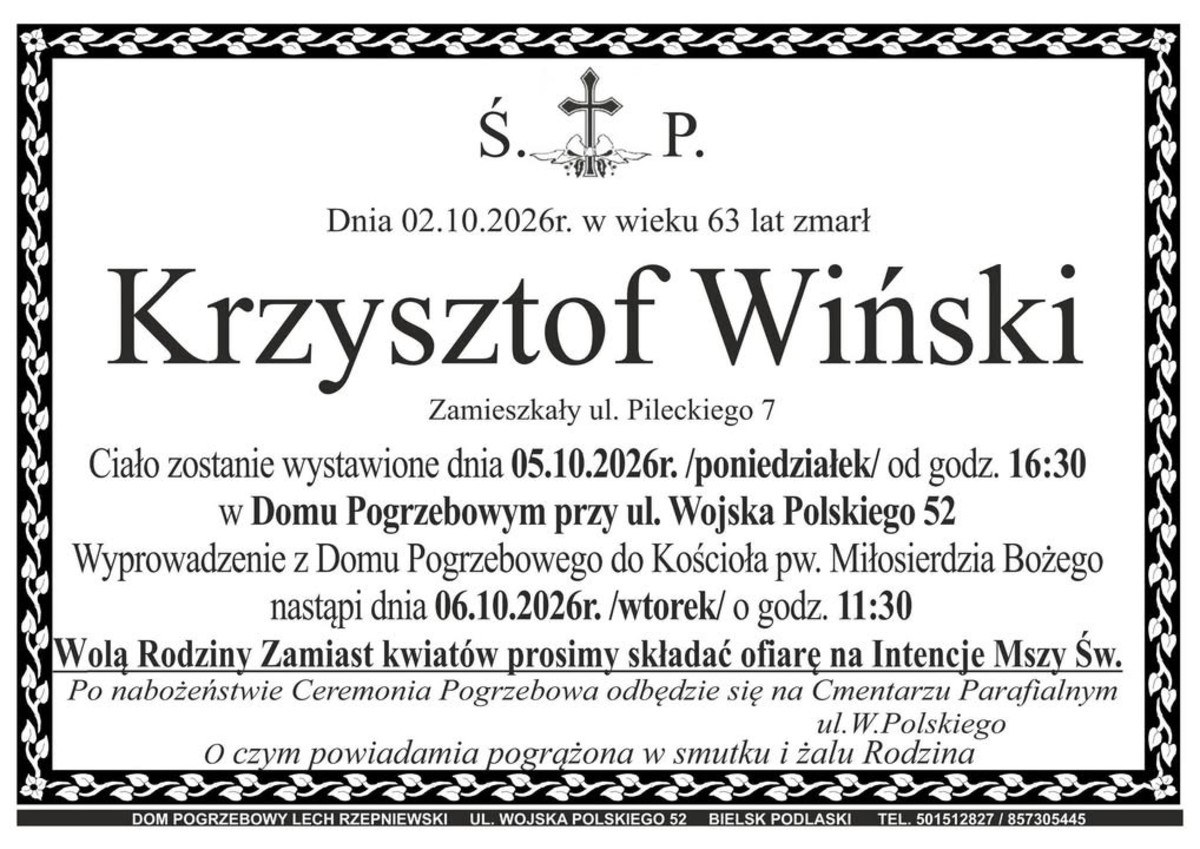 Nekrolog: śp. Krzysztof Wiński, zm. 2 października 2026 r.