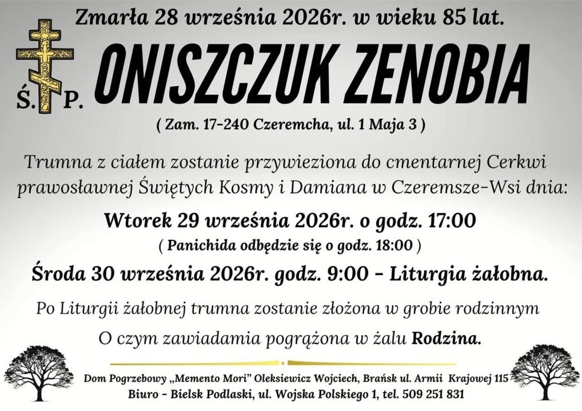 Nekrolog: śp. Zenobia Oniszczuk, zm. 28 września 2026 r.